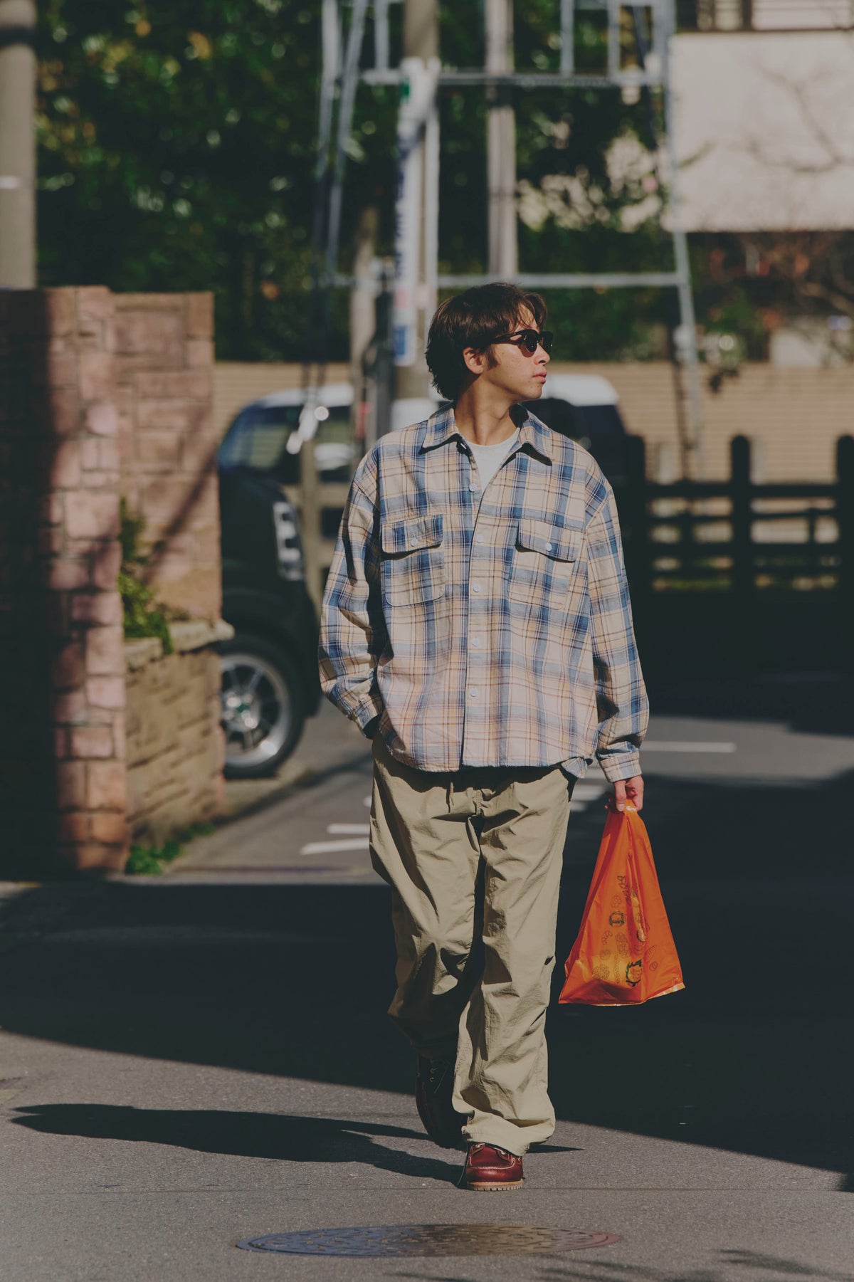 AMULET HEAVY WASHED PLAID SHIRT BEIGE